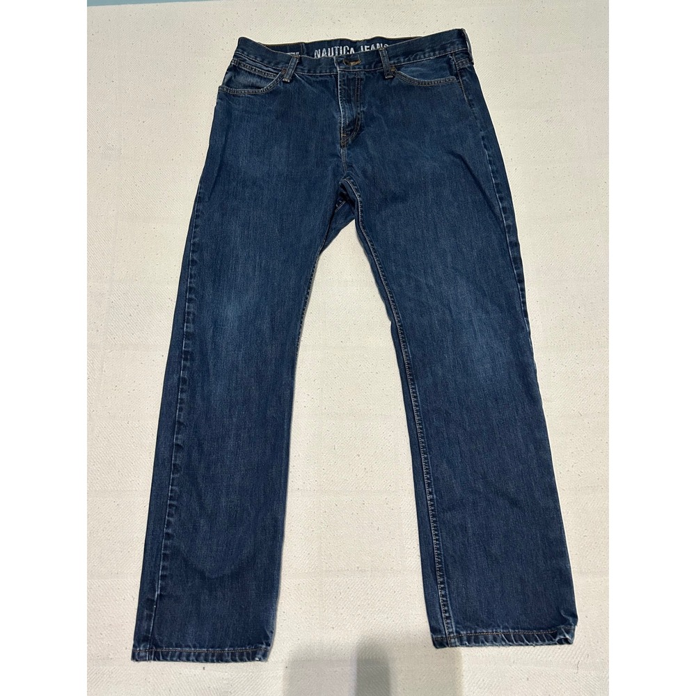 Nautica Jeans Co Mens 34x32 Straight Fit Dark Wash Blue Denim Jeans 1P3034M